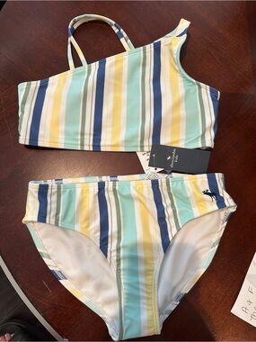 abercrombie kids Striped Two-Piece Bikini in Mint, Navy & Yellow